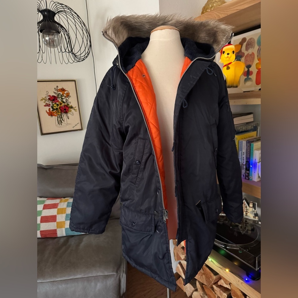 Men's 1970’s Sears Vintage Blue and Orange Snorkel Parka Coat